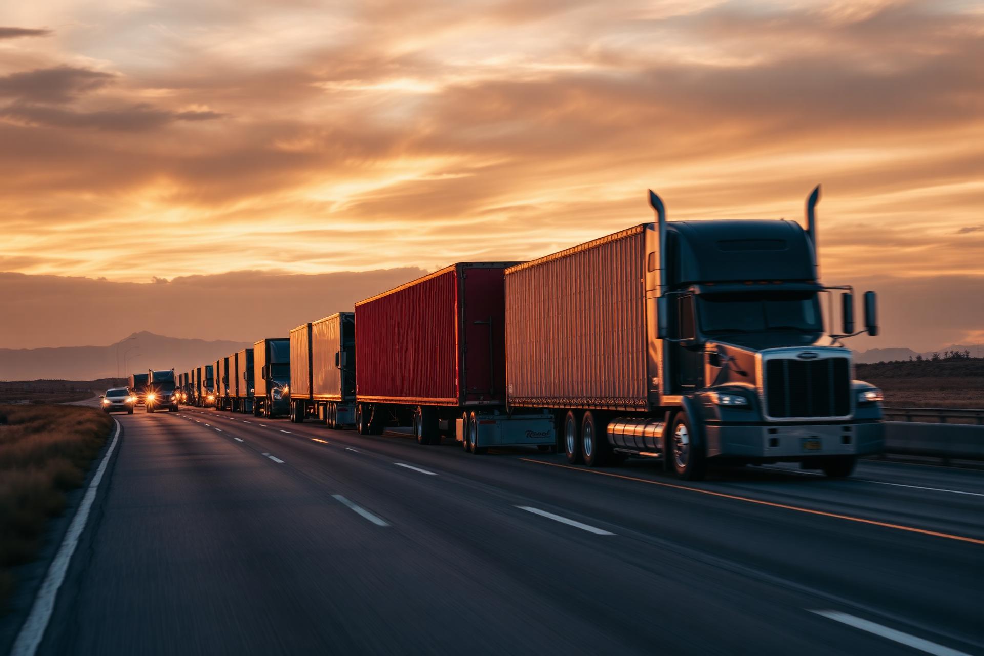 Fleet of freight trucks on the highway at sunset